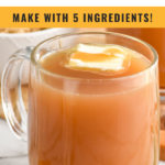 Pinterest graphic for salted caramel buttered rum. Text says "salted caramel buttered rum make with 5 ingredients! so easy! shakedrinkrepeat.com" Image shows a mug of salted caramel buttered rum.