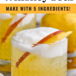 Pinterest graphic of Apple Pear Whiskey Sour in a whiskey glass with egg foam and a pear and apple slice in the glass. Says, 'So easy, Apple Pear Whiskey Sour, Make with 5 ingredients, shakedrinkrepeat.com.