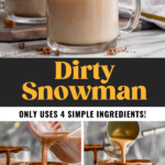 Pinterest Photo of Dirty Snowman Drink, top photo is of vanilla ice cream being put into the glass mug, bottom left is of chocolate liqueur being poured, bottom right photo is of Bailey's being poured. Says, 'Dirty Snowman, only uses 4 simple ingredients, shakedrinkrepeat.com'