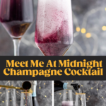 Pinterest photo of Meet Me at Midnight Champagne Cocktail. Top photo is champagne being poured into a champagne flute, Botton right is on blue curaçao being poured, and bottom left is of grenadine being poured. Says' Meet me at Midnight Champagne Cocktail, shakedrinkrepeat.com'