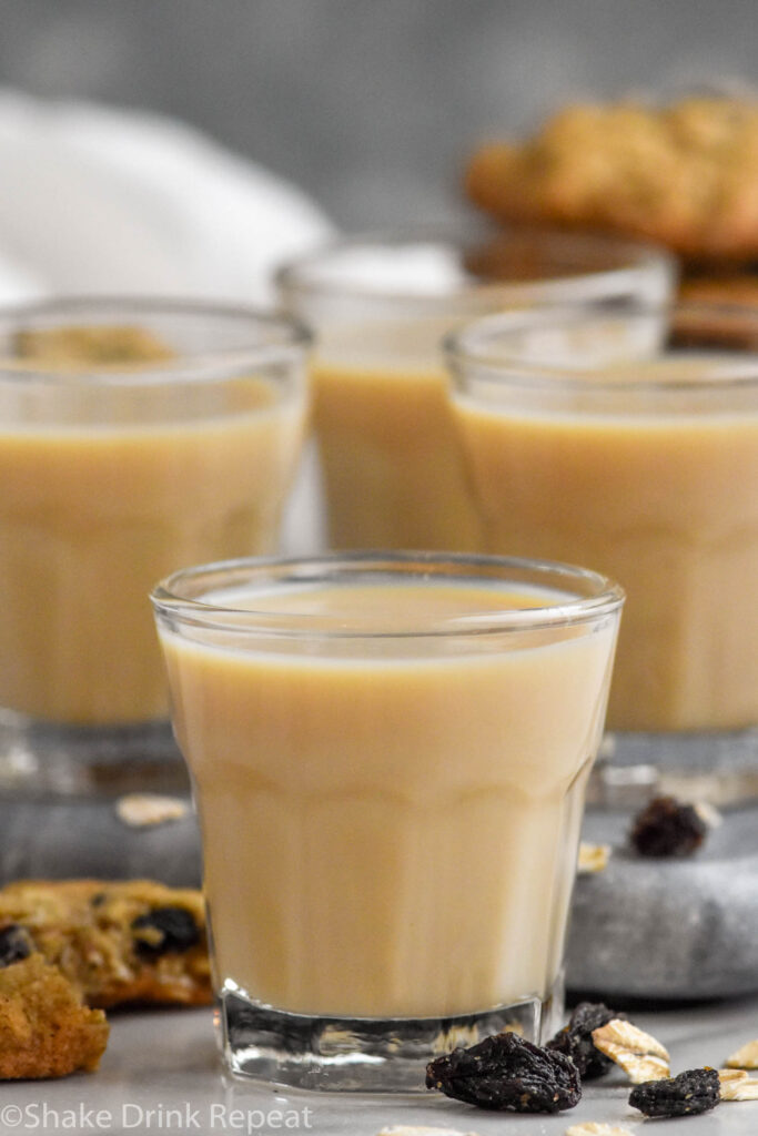 Close up, front facing photo of four Oatmeal Cookie Shots.