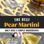 Pinterest graphic of Pear Martini , with top photo being an overhead shot of the martini, bottom left is front facing photo of the pear martini being poured into a martini glass, and bottom right is of a front facing photo of the pear martini. Says, 'the best pear martini, only uses 4 simple ingredients, shakedrinkrepeat.com'