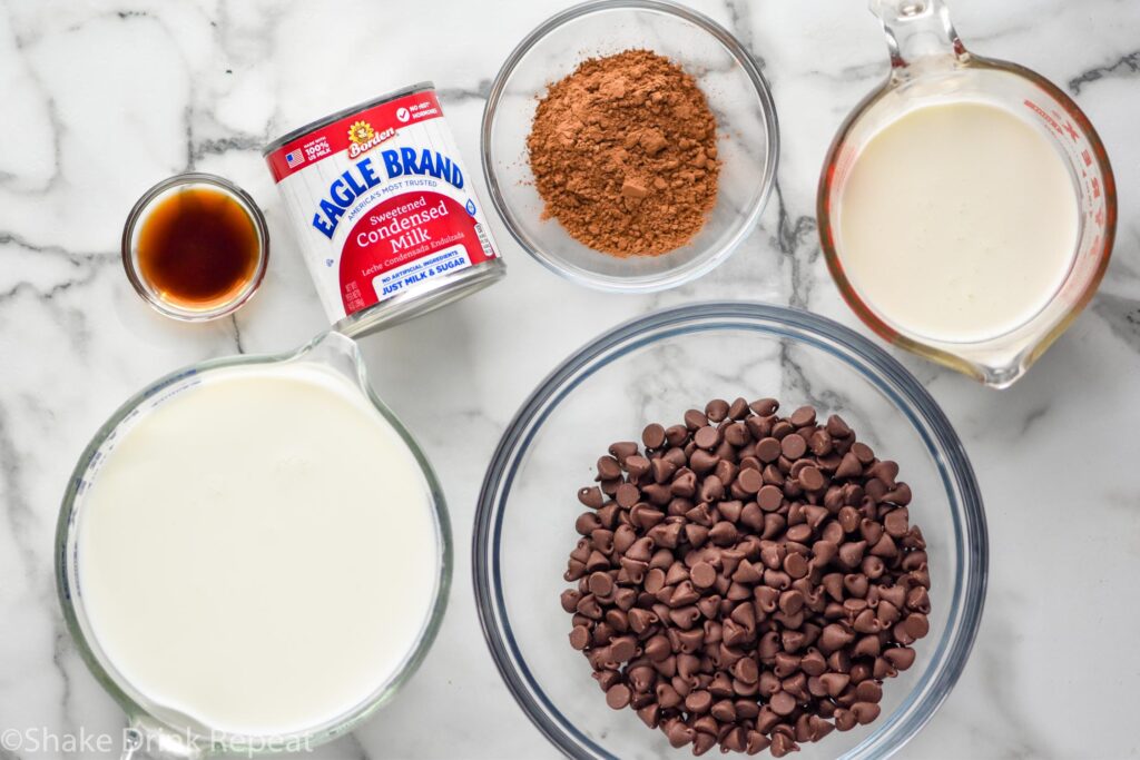 Overhead of crockpot hot chocolate ingredients