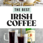 Pinterest graphic for Irish Coffee recipe. Top Photo of person's hand spooning brown sugar into mug of coffee for Irish Coffee recipe. Bottle of Jameson Irish Whiskey and a bowl of brown sugar sit on counter behind mugs. Text says, "The best Irish Coffee shakedrinkrepeat.com." Bottom photo is Photo of two mugs of coffee for Irish Coffee recipe. Bowl of brown sugar and a bottle of Jameson Irish Whiskey on counter in the background.