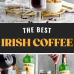 Pinterest graphic for Irish Coffee recipe. Top image is photo of two mugs of Irish Coffee with a spoon of whipped cream being put on top of one mug of coffee. Bowl of brown sugar and bottle of Jameson in the background. Text says, "the best Irish Coffee shakedrinkrepeat.com." Bottom images are of coffee being poured into mug for Irish Coffee recipe and a spoon stirring coffee for Irish Coffee. Bowl of brown sugar and bottle of Jameson in the background.