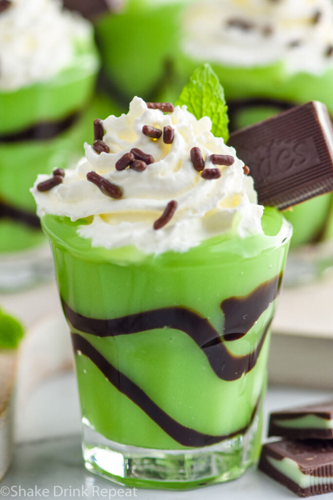 Close up photo of Grasshopper Pudding Shot garnished with Andes mint