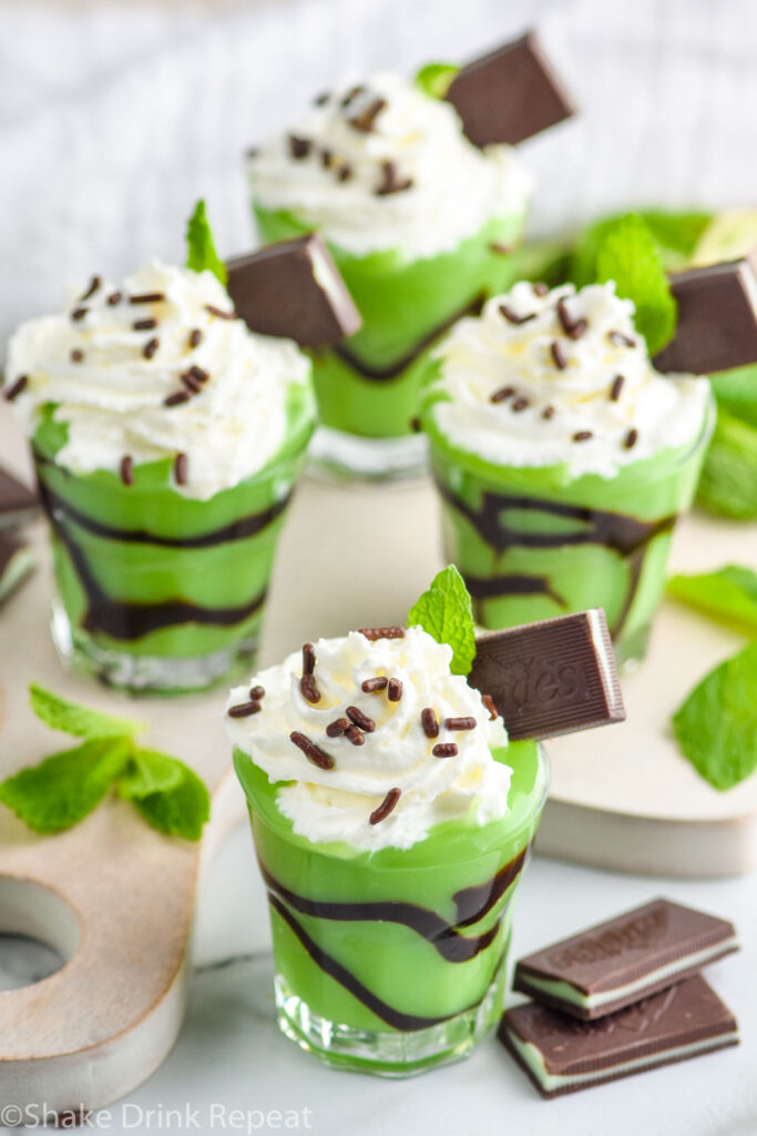 Overhead photo of Grasshopper Pudding Shots and Andes Mints