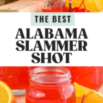 Pinterest graphic for Alabama Slammer Shot recipe. Top image is photo of person's hand pouring shaker of Alabama Slammer ingredients into shot glasses. Bottom image is close up photo of Alabama Slammer shot with orange slices and cherries next to it. Text says, "The best Alabama Slammer Shot shakedrinkrepeat.com."