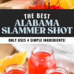 Pinterest graphic for Alabama Slammer Shot recipe. Top image is photo of person's hand pouring shaker of ingredients for Alabama Shot recipe into shot glasses. Bottom image is overhead photo of Alabama Slammer shots. Text says, "the best alabama slammer shot only uses 4 simple ingredients shakedrinkrepeat.com."