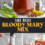 Pinterest graphic for Bloody Mary Mix recipe. Top image shows a pitcher of Bloody Mary Mix with celery, olives, and pickles for garnish. Bottom left image shows person's hand pouring Worcestershire sauce into pitcher of ingredients for Bloody Mary Mix, with celery, pickles, pepper, and olives for garnish. Bottom right image shows pitcher of Bloody Mary Mix being poured into a glass of ice. Celery, olives, pickles, salt, and pepper on counter for garnish. Text says, "the best Bloody Mary Mix shakedrinkrepeat.com"