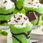 Close up photo of Grasshopper Pudding Shots garnished with whipped cream, mint leaf, and Andes Mint.