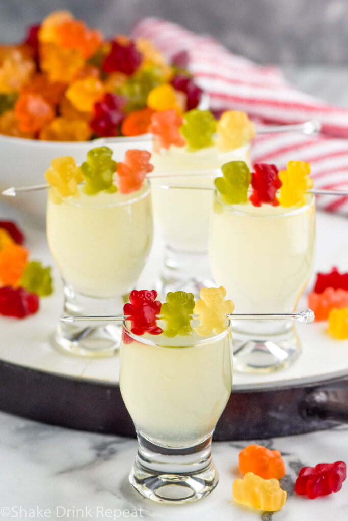 Overhead photo of Gummy Bear Shots garnished with gummy bears.