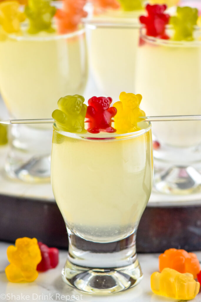 Close up photo of Gummy Bear Shot garnished with gummy bears.