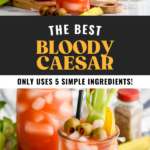 Pinterest graphic for Bloody Caesar recipe. Top image shows person's hand pouring Clamato juice into glass of ice for Bloody Caesar recipe. Pickles, olives, celery, salt, and pepper on counter beside glasses. Bottom image is close up photo of Bloody Caesar garnished with olives, celery, and pickles. Text says, "the best Bloody Caesar only uses 5 simple ingredients! shakedrinkrepeat.com"
