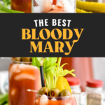 Pinterest graphic for Bloody Mary recipe. Top image is photo of a pitcher of Bloody Mary recipe being poured into a glass of ice. Bottom image is photo of Bloody Mary garnished with olives, celery, and a pickle. Text says, "The best bloody mary shakedrinkrepeat.com"