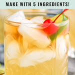 Pinterest graphic for Mai Tai. Text says "rum mai tai make with 5 ingredients! shakedrinkrepeat.com" Image shows a glass of mai tai cocktail with ice, cherry, and lime.