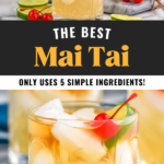 Pinterest graphic for Mai Tai. Top image shows man's hand pouring jigger of mai tai ingredient into a glass of mai tai cocktail and ice. Two Mai Tais sit in background, cherries and slices of lime sit beside glass. Text says "the best mai tai only uses 5 simple ingredients shakedrinkrepeat.com" Bottom image shows a glass of mai tai with ice and garnished with cherry and slice of lime