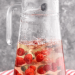 Pinterest graphic for Fourth of July Sangria recipe. Text says, "4th of july sangria shakedrinkrepeat.com"