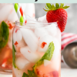 Pinterest graphic for strawberry mojito. Text says "strawberry mojitos rum shakedrinkrepeat.com" Image shows a glass of strawberry mojito with two straws and garnished with a fresh strawberry on the rim. Glass of strawberry mojito sitting in background, fresh strawberries sitting beside.
