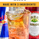 Pinterest graphic for Cherry bomb. Text says "cherry bomb shot so easy! make with 3 ingredients! shakedrinkrepeat.com" Image shows shot glass of cherry vodka dropping into a glass of red bull and grenadine to make a cherry bomb shot with can of red bull and bottle of grenadine sitting in background