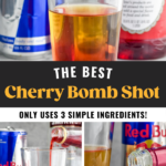 Pinterest graphic for cherry bomb shot. Top image shows man's hand holding shot glass of cherry vodka over a pint glass of cherry bomb shot ingredients. Can of Red Bull and bottle of grenadine sitting in background. Text says "the best cherry bomb shot only uses 3 simple ingredients! shakedrinkrepeat.com" Lower images show how to make a cherry bomb shot.