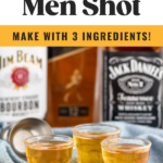 Pinterest graphic for three wise men shot. Text says three wise men shot make with 3 ingredients! so easy! shakedrinkrepeat.com" Image shows four shot glasses of three wise men shots with bottles of whiskey sitting in background.