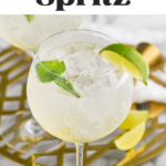 Pinterest graphic for Hugo Spritz. Text says "the best hugo spritz shakedrinkrepeat.com" image shows a wine glass of hugo spritz with ice, mint leaves, and lime wedge.