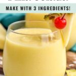 Pinterest graphic for non alcoholic pina colada recipe. Text says, "so easy! non alcoholoc pina colada make with 3 ingredients! shakedrinkrepeat.com."