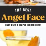 Pinterest graphic for angel face recipe. Top image shows cocktail shaker of angel face recipe being poured into coupe glass. Cocktail jigger and orange peel beside, along with another coupe glass of angel face. Bottom image is close up side view of Angel Face with orange peel. Text says, "the best angel face only uses 3 simple ingredients! shakedrinkrepeat.com"