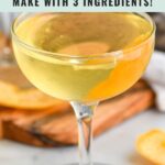 Pinterest graphic for angel face recipe. Text says, "gin angel face make with 3 ingredients! shakedrinkrepeat.com." Image shows an angel face garnished with orange peel.