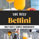 Pinterest graphic for bellini. Top image shows two champagne flutes of bellini cocktails garnished with a peach slice, bottle of Prosecco sitting in background. Text says "the best Bellini only uses 2 simple ingredients! shakedrinkrepeat.com" Lower images show peach puree pouring into a champagne flute with fresh peach and bottle of Prosecco in background and bottle of Prosecco pouring into a glass of peach puree to make a bellini.