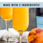 Pinterest graphic for Bellini. Text says "Bellini make with 2 ingredients! So easy! shakedrinkrepeat.com" Image shows two champagne flutes of bellini cocktails garnished with a fresh peach slice. Fresh peach and bottle of Prosecco in background.