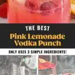 Pinterest graphic for Pink Lemonade Vodka Punch. Top image shows a glass of Pink Lemonade Vodka Punch with fresh raspberries and a slice of lemon. Text says "the best Pink Lemonade Vodka Punch only uses 3 simple ingredients! shakedrinkrepeat.com" Lower images show how to make Pink Lemonade Vodka Punch and pitcher of Pink Lemonade Vodka Punch pouring into a glass with glasses of Pink Lemonade Vodka Punch and fresh raspberries and lemon sitting in background.